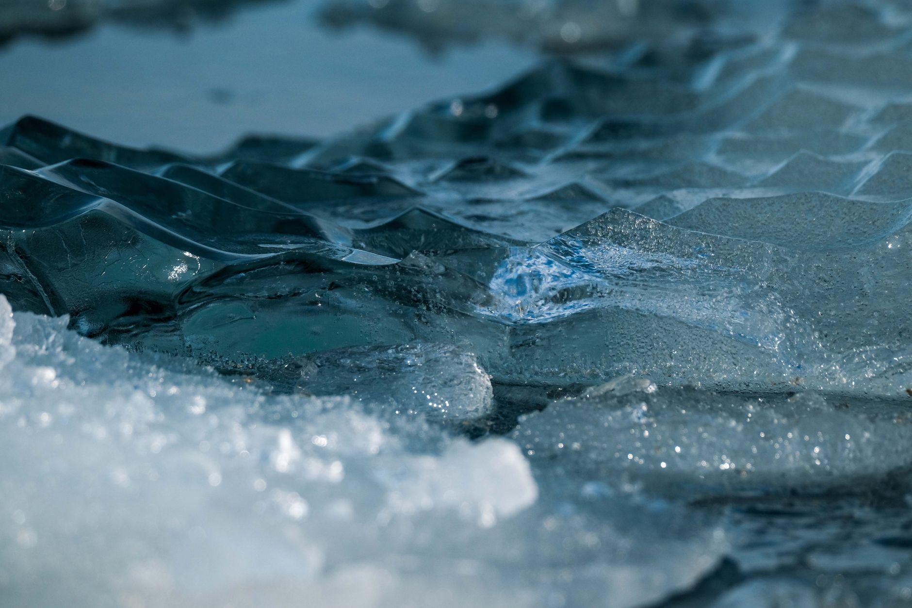 A close-up, macro shot of chunks of ice and slush floating in dark blue water.