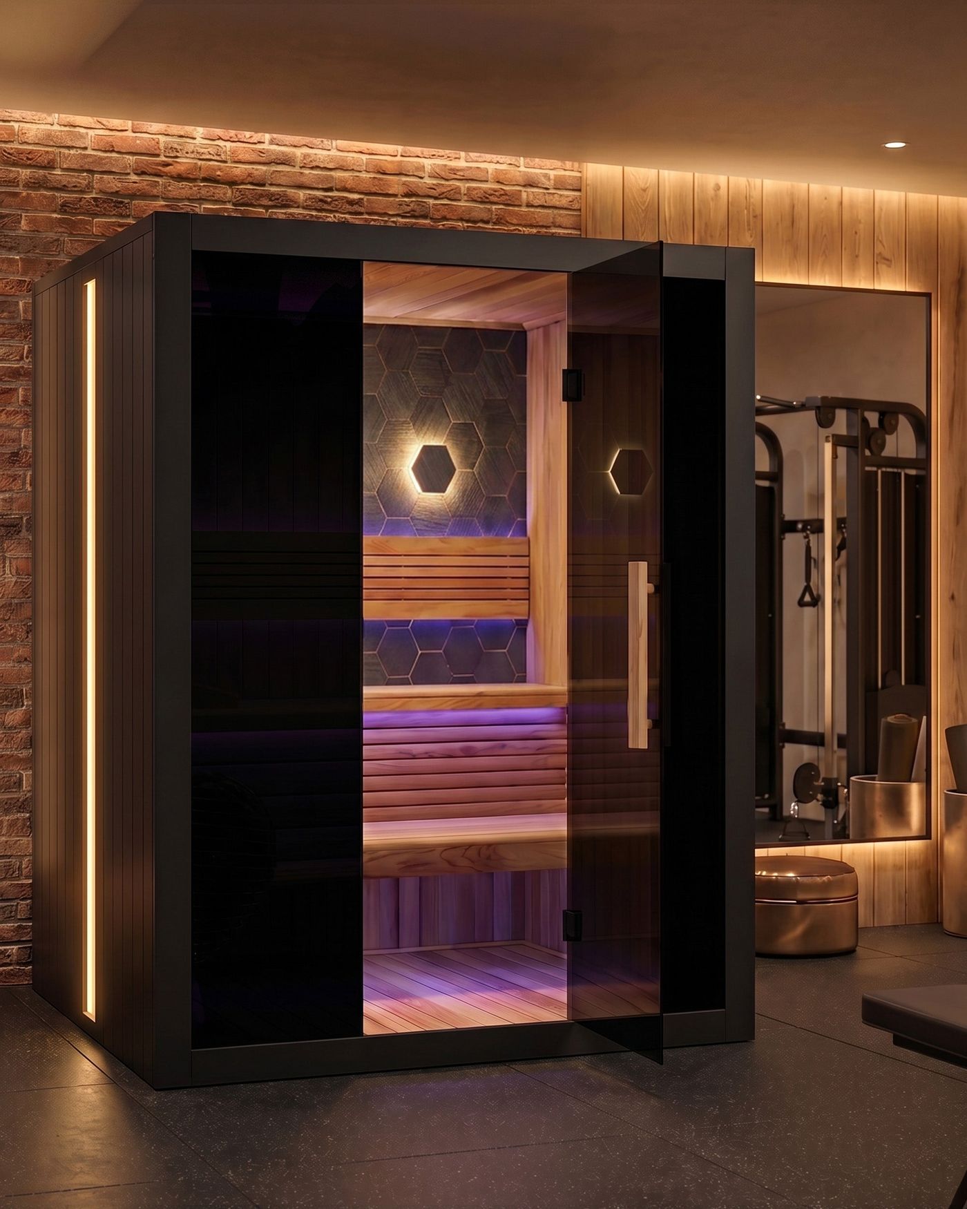A modern indoor sauna with black trim and a glass door, situated in what appears to be a home gym.