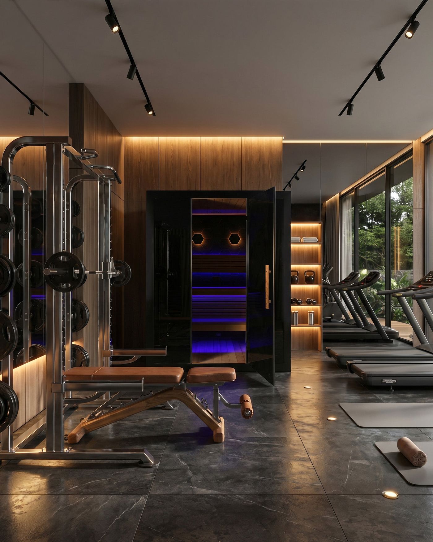A modern, empty home gym with weight equipment, treadmills, and a sauna or therapy cabin.