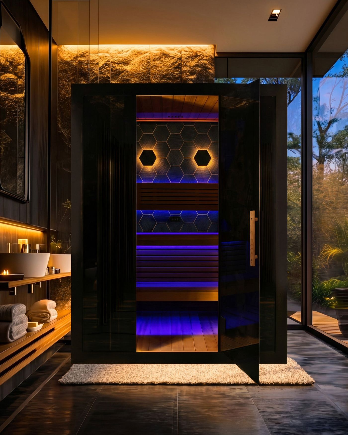 A modern infrared sauna with its door open, showing wooden benches and hexagonal light panels, set in a luxurious bathroom.