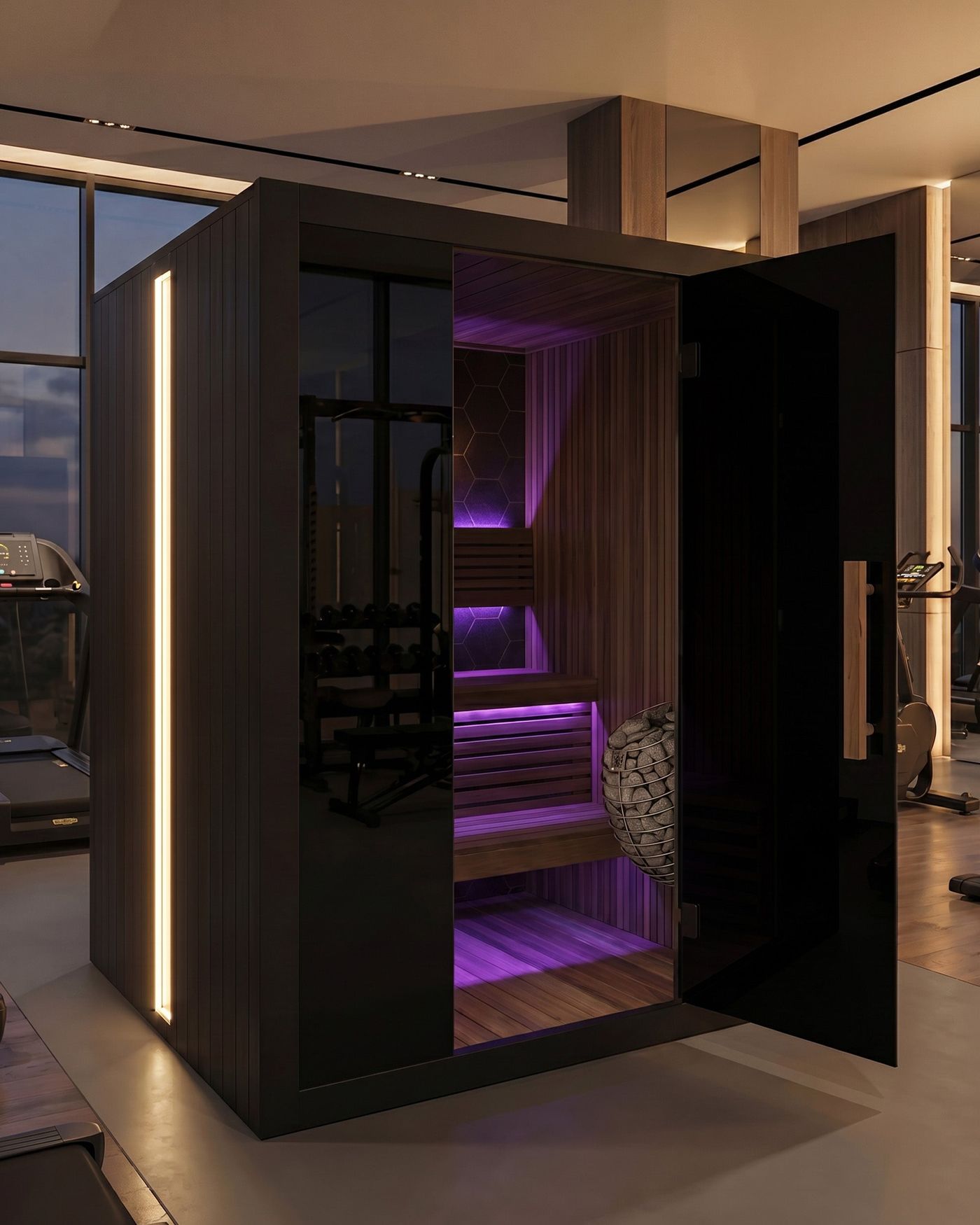 A modern, empty sauna with purple interior lighting, located in a home gym with exercise equipment in the background.